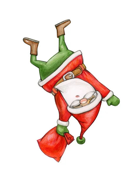 Jultomten Tecknad Faller Ner Isolerad Vitt Akvarell Illustration — Stockfoto