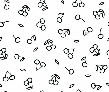 Vector seamless pattern cherries, black silhouette isolated on white.