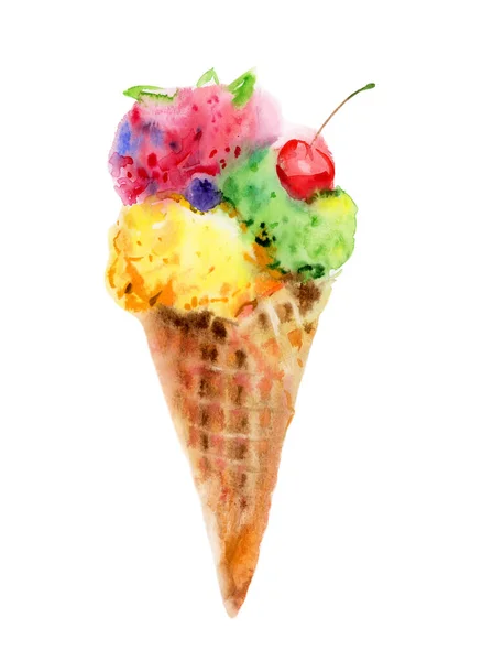 Colorful Ice Cream Cone Cherry Blueberry Mint Leaves Isolated White — Stock Photo, Image