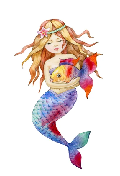 Söt Sjöjungfru Som Håller Fisk Tecknad Akvarell Illustration — Stockfoto