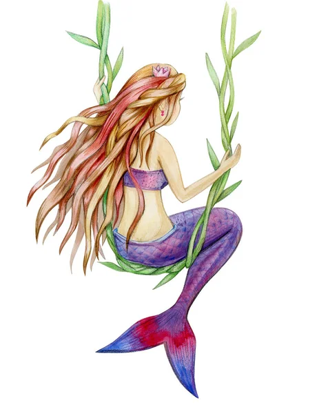 Sjöjungfru Tecknad Isolerad Vit Akvarell Illustration — Stockfoto