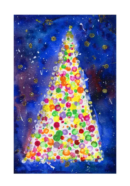 Ευχετήρια Κάρτα Χριστουγεννιάτικου Δέντρου Εικονογράφηση Υδατογραφίας — Φωτογραφία Αρχείου