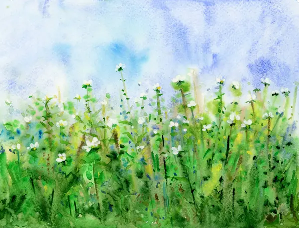 Frühling Grün Blumiger Hintergrund Aquarellillustration — Stockfoto