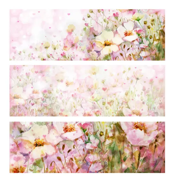 Floral Pink Banners Watercolor Flowers Illustrations — Stock Photo, Image