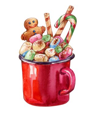 Suluboya el şekerlemeli, zencefilli kurabiyeli ve bastonlu Noel içeceği. Yılbaşı içkisi beyazda izole edilmiş.