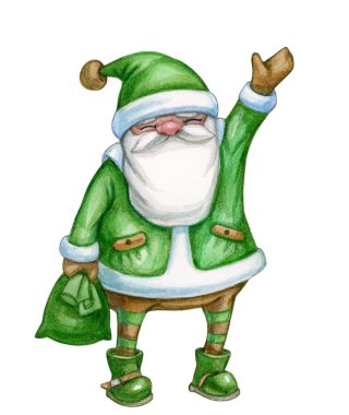 Noel Baba çizgi filmini selamlıyorum, beyazlar içinde izole edilmiş. Mutlu noel kartları. Suluboya çizimi.
