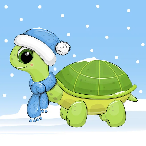 帽子とスカーフをかぶってかわいい漫画の緑のカメ 雪と青の背景に爬虫類の冬のベクトルイラスト — ストックベクタ
