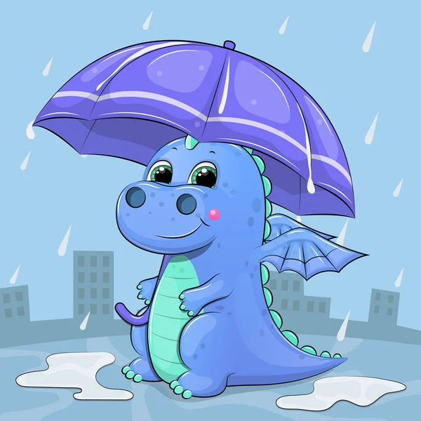 우산이 귀여운 만화용 내리고 파란색 배경에 빗방울 — 스톡 벡터