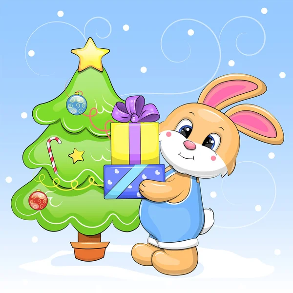 可爱的卡通兔子 礼物和圣诞树 蓝底雪地上的冬季矢量图解 — 图库矢量图片