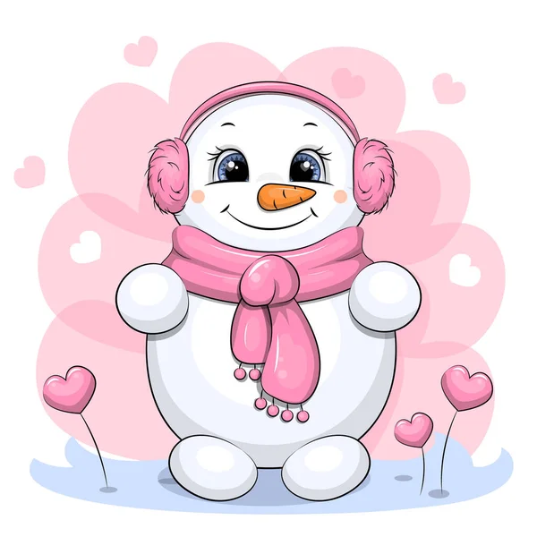 Милый Мультяшный Снеговик Шарфе Меховых Наушниках Зимняя Векторная Иллюстрация Розовом — стоковый вектор