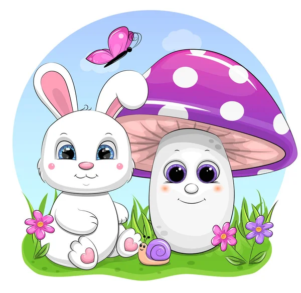 Mignon Dessin Animé Lapin Blanc Avec Muchroom Fleurs Papillon Escargot — Image vectorielle