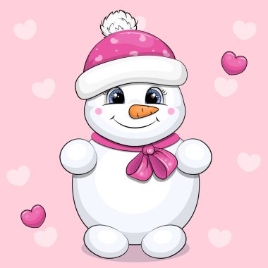 Cute cartoon snowman in a hat and bow. Winter vector illustration on a pink background with hearts. clipart