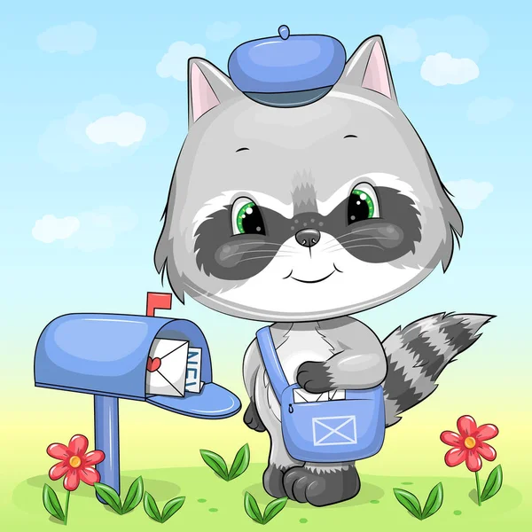 信箱旁边站着一个可爱的卡通浣熊邮递员 他带着蓝色的包和帽子 动物的病媒图解 — 图库矢量图片