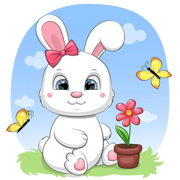 可爱的卡通白兔 有花盆和蝴蝶 蓝色背景上带云彩的动物的矢量图解 — 图库矢量图片
