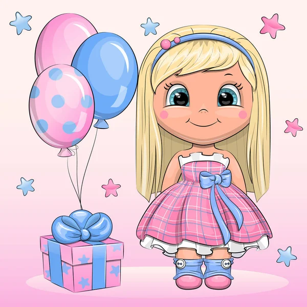 Cute Dziewczyna Kreskówek Pięknej Sukience Pudełko Balonami Ilustracja Wektor Urodziny — Wektor stockowy