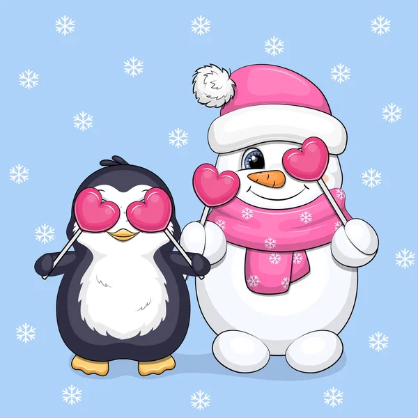 かわいい漫画ペンギンと心を持つ雪だるま 青い背景に雪の結晶のベクトルイラスト — ストックベクタ