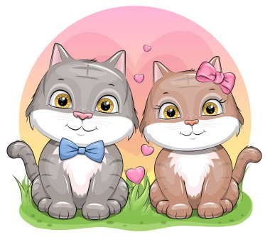 Sevimli çizgi film kedisi çifti. Pembe arka planda hayvanların vektör çizimi.