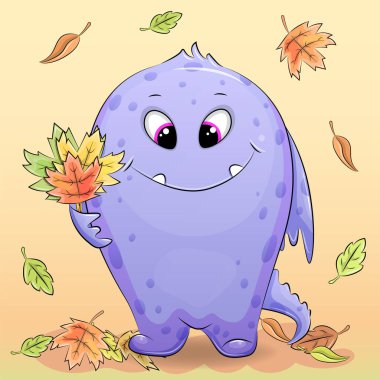 Düşen yaprakları olan sevimli çizgi film canavarı. Turuncu arka planda hayvanların sonbahar vektör illüstrasyonu.