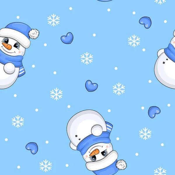 Naadloos Patroon Met Sneeuwpop Sneeuwvlokken Hartjes Witte Stippen Winter Kerst — Stockvector