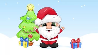Noel ağacı ve hediyeleri olan şirin Noel Baba. Mavi arkaplanda karla çevrili komik bir çizgi film..