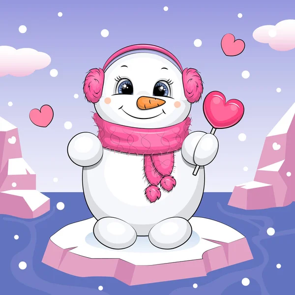 Roztomilý Kreslený Sněhulák Růžovou Kožešinovými Sluchátky Sladkostmi Ledu Zimní Vektorová — Stockový vektor