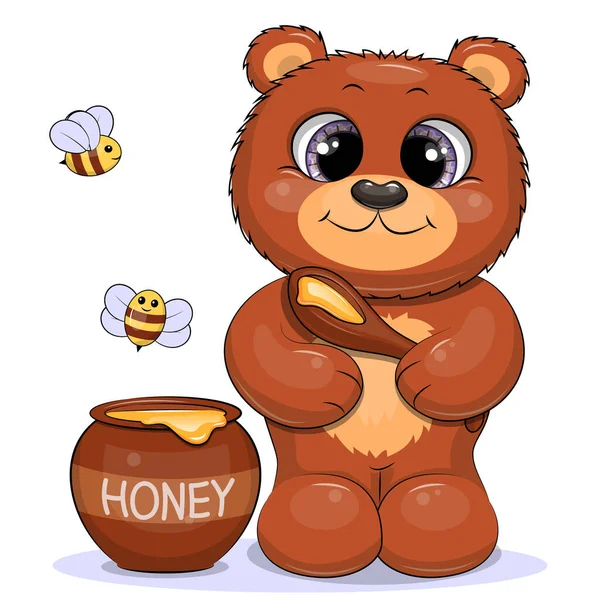 Słodki Kreskówkowy Niedźwiedź Łyżką Miodem Wektorowa Ilustracja Zwierzęcia Pszczołami Białym — Wektor stockowy
