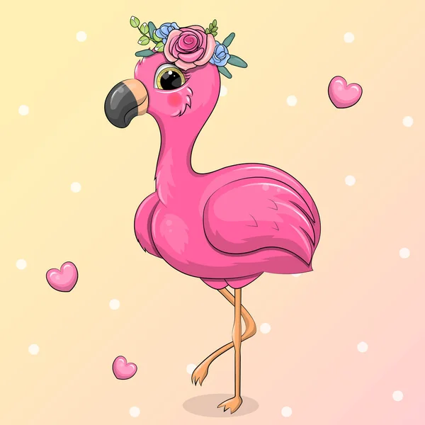Netter Cartoon Flamingo Rosa Mit Rose Und Herzen Vektorillustration Eines — Stockvektor