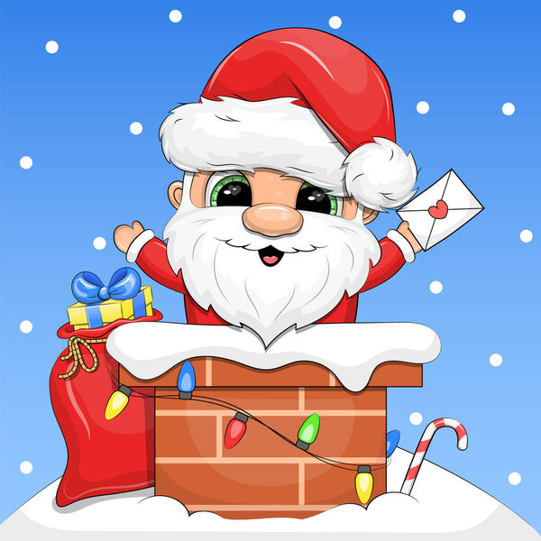 Cute cartoon Santa with letter and bag in chimney. Christmas illustration on a blue background with snow.