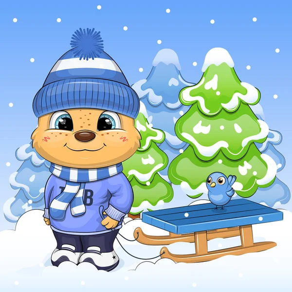 暖かい帽子とスカーフでかわいい漫画のクマはそりロープを持っています 雪と青の背景に自然の中で動物と冬のベクトルイラスト — ストックベクタ