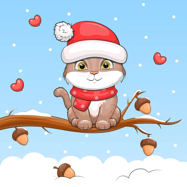赤い帽子とスカーフのかわいい漫画の猫は どんぐりとオークの木に座っています 雪と心を持つ青の背景に動物のベクトルイラスト — ストックベクタ