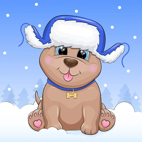 Lindo Perro Dibujos Animados Con Sombrero Invierno Azul Con Orejeras — Vector de stock