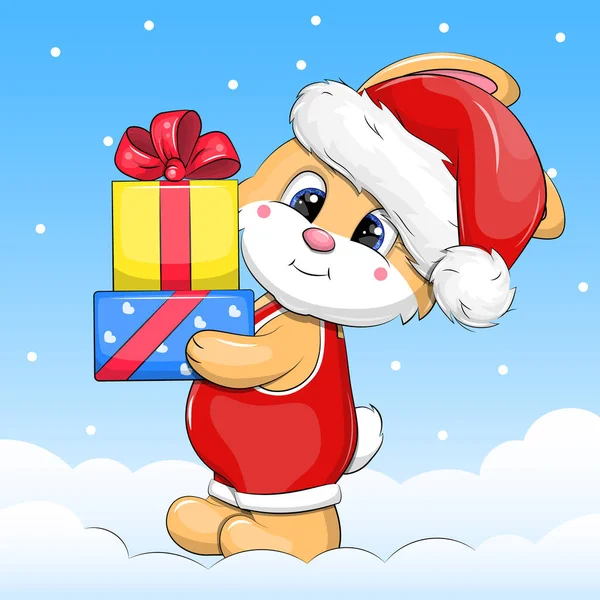 サンタの帽子のかわいい漫画のウサギはクリスマスプレゼントを保持します 雪と青の背景に動物のお祭りベクトルイラスト — ストックベクタ