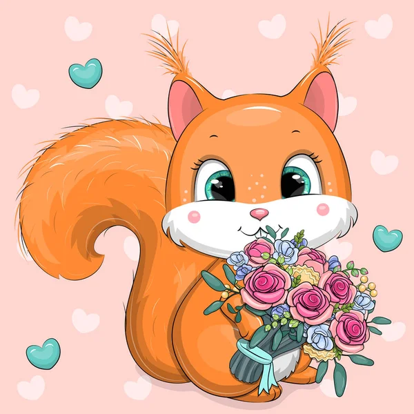 Χαριτωμένο Σκίουρος Κινουμένων Σχεδίων Ένα Μπουκέτο Λουλούδια Εικονογράφηση Διάνυσμα Ενός — Διανυσματικό Αρχείο