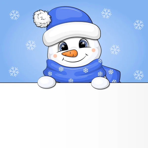 Χριστουγεννιάτικο Πανό Χαριτωμένο Χιονάνθρωπο Κινουμένων Σχεδίων Μπλε Καπέλο Και Μαντήλι — Διανυσματικό Αρχείο