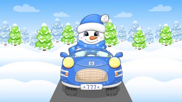 かわいい漫画雪だるまは冬に車を運転します 雪とモミの木を背景にしたループアニメーション — ストック動画