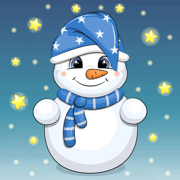 Leuke Cartoon Sneeuwpop Met Een Slaapmutsje Sjaal Nachtvector Illustratie Donkerblauwe — Stockvector