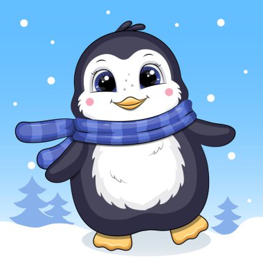 Mavi eşarplı sevimli penguen çizgi filmi. Mavi arka plandaki hayvanın vektör illüstrasyonuName.