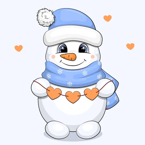 Cute Cartoon Snowman Blue Hat Scarf Holds Hearts Winter Vector — Archivo Imágenes Vectoriales