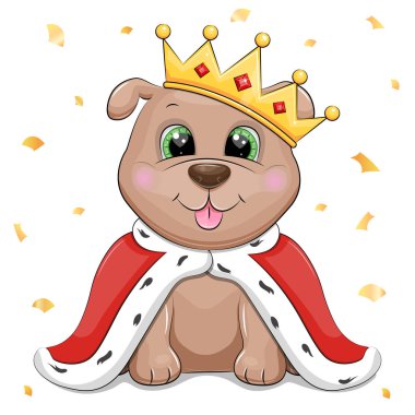 Kraliyet cübbesi ve tacıyla şirin çizgi film kralı köpek yavrusu. Beyaz arka planda altın konfetili bir hayvanın vektör çizimi.