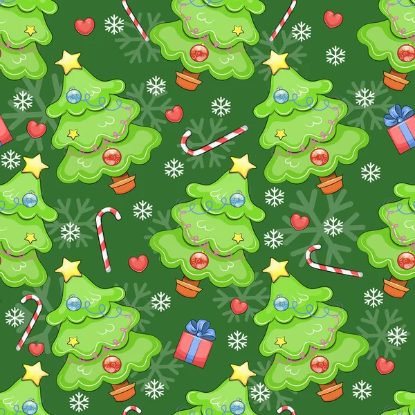 Seamless pattern with Christmas tree. Festive illustration on a dark green background with fir tree, a gift, a candy cane, a heart, a snowflake.