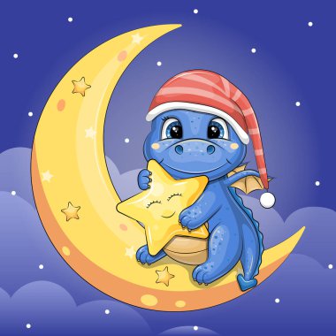 Cute cartoon blue dragon in red nightcap holding a yellow star and sitting on a moon. Night vector illustration of animal on dark blue background with clouds and stars.
