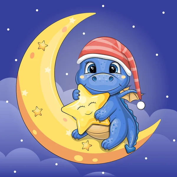 Cute Cartoon Blue Dragon Red Nightcap Holding Yellow Star Sitting — Archivo Imágenes Vectoriales