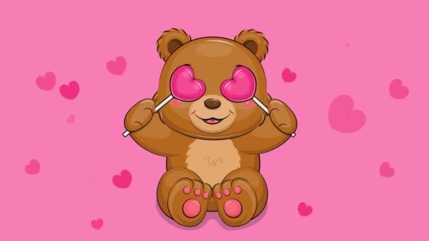Brown Bear Two Heart Lollipops Cute Cartoon Looped Animal Animation — Video Stock