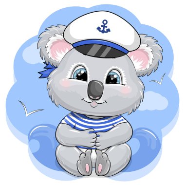 Cute cartoon captain koala wearing a captain's hat and a striped t-shirt. Vector illustration of an animal on a blue background with sea, seagulls and clouds.