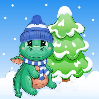 A cute cartoon hat and a green dragon scarf are sitting next to the fir tree. Winter vector illustration of an animal on a blue background with snow. clipart