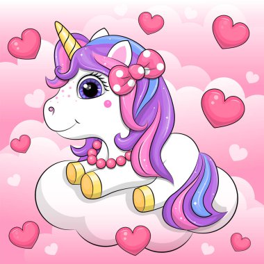 Cute cartoon unicorn on a cloud in the sky. Vector illustration of an animal on a pink background with hearts and clouds.