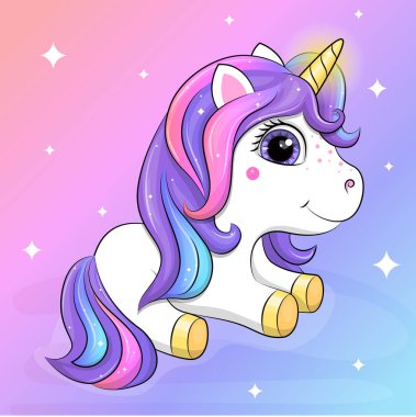  Cute cartoon unicorn with a shiny horn. Vector illustration of an animal on a colorful background.