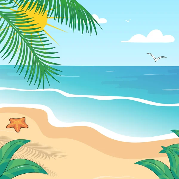 Cute cartoon summer landscape with sea and palm trees. Beach vector illustration.