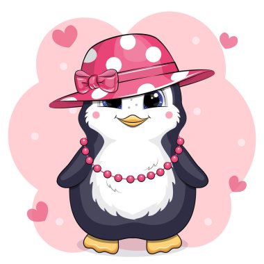 Cute cartoon penguin in a hat and necklace. Vector illustration of an animal on a pink background with hearts.
