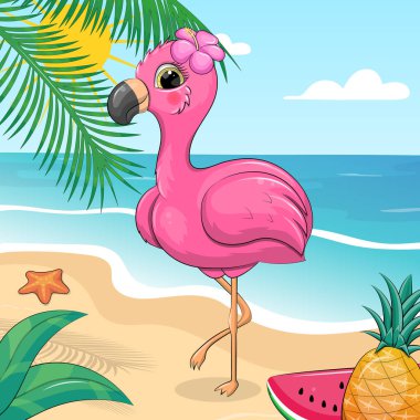 Cute cartoon flamingo on the beach. Summer vector illustration with a bird, the sea, the sun and fruits.